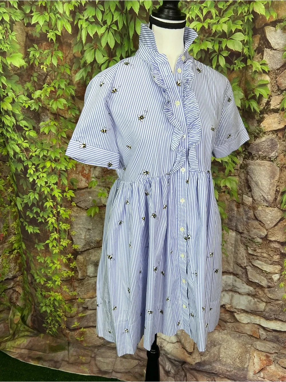 KATE SPADE Abuzz Poplin Blue and White Striped Bee Print Poplin Luxury Dress, XS